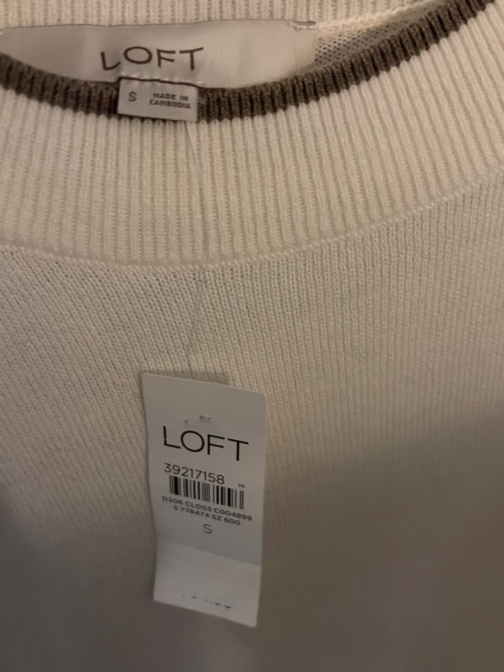 LOFT Cream Ribbed Crewneck Sweater with Contrast Trim